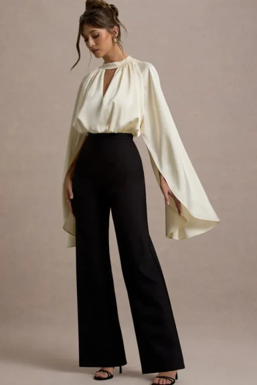 Amity | Black u0026 Cream Wide-Leg Jumpsuit With Satin Cape Sleeves