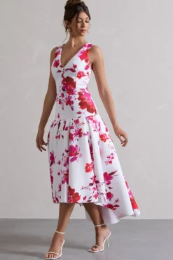 Amoret | Pink Floral Print Plunge-Neck Maxi Dress With Volume Hem