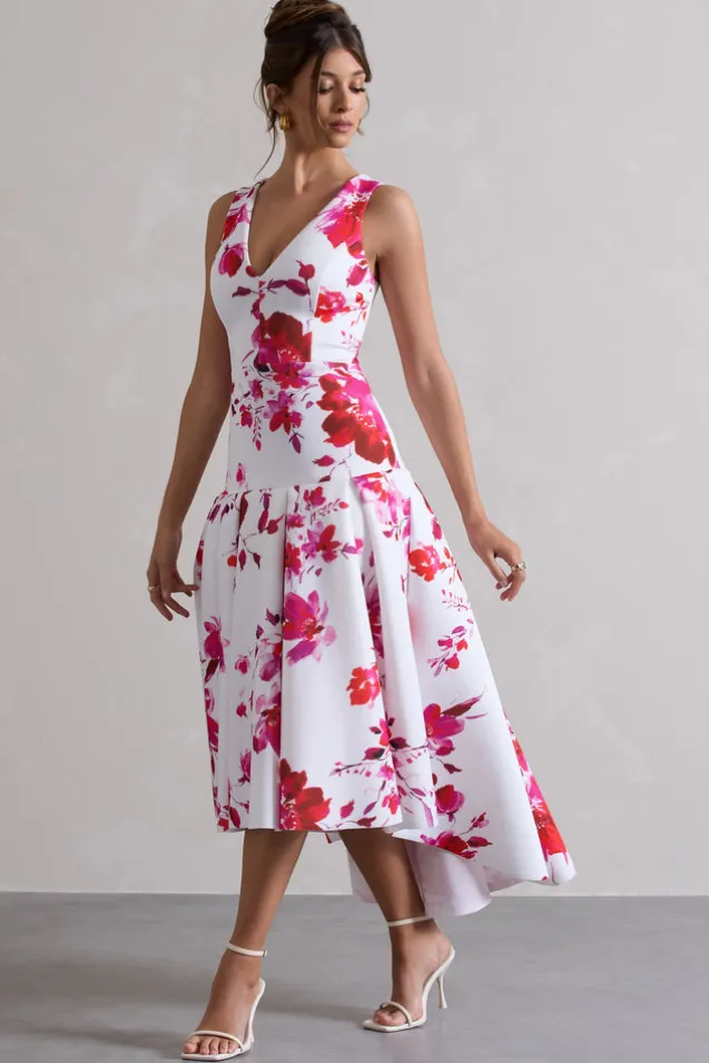 Amoret | Pink Floral Print Plunge-Neck Maxi Dress With Volume Hem