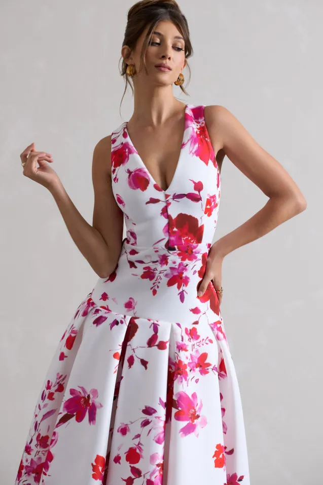 Amoret | Pink Floral Print Plunge-Neck Maxi Dress With Volume Hem