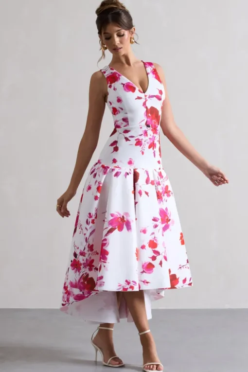 Amoret | Pink Floral Print Plunge-Neck Maxi Dress With Volume Hem