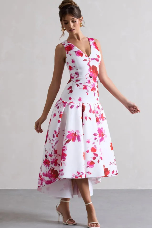 Amoret | Pink Floral Print Plunge-Neck Maxi Dress With Volume Hem
