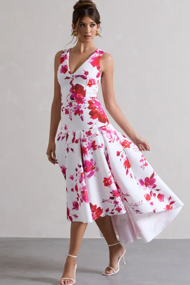Amoret | Pink Floral Print Plunge-Neck Maxi Dress With Volume Hem