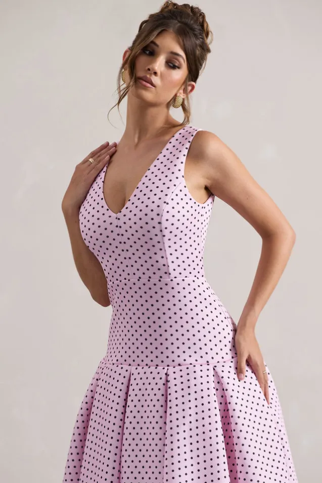Amoret | Pink Polka Dot Plunge-Neck Maxi Dress With Volume Hem