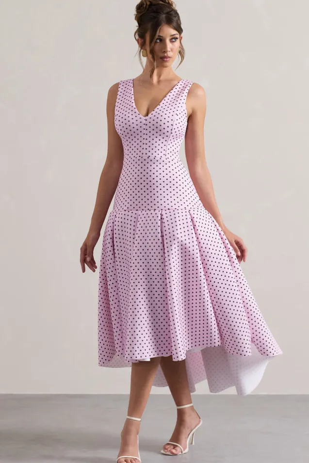Amoret | Pink Polka Dot Plunge-Neck Maxi Dress With Volume Hem