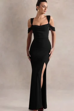 Amoura | Black Square-Neck Draped Wrap Maxi Dress