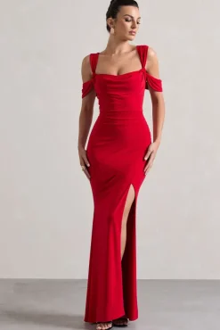Amoura | Red Square-Neck Draped Wrap Maxi Dress