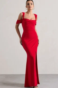 Amoura | Red Square-Neck Draped Wrap Maxi Dress