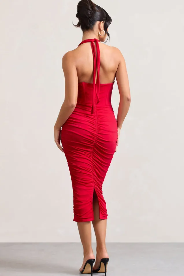 Amy | Red Halter-Neck Corset Ruched Midi Dress
