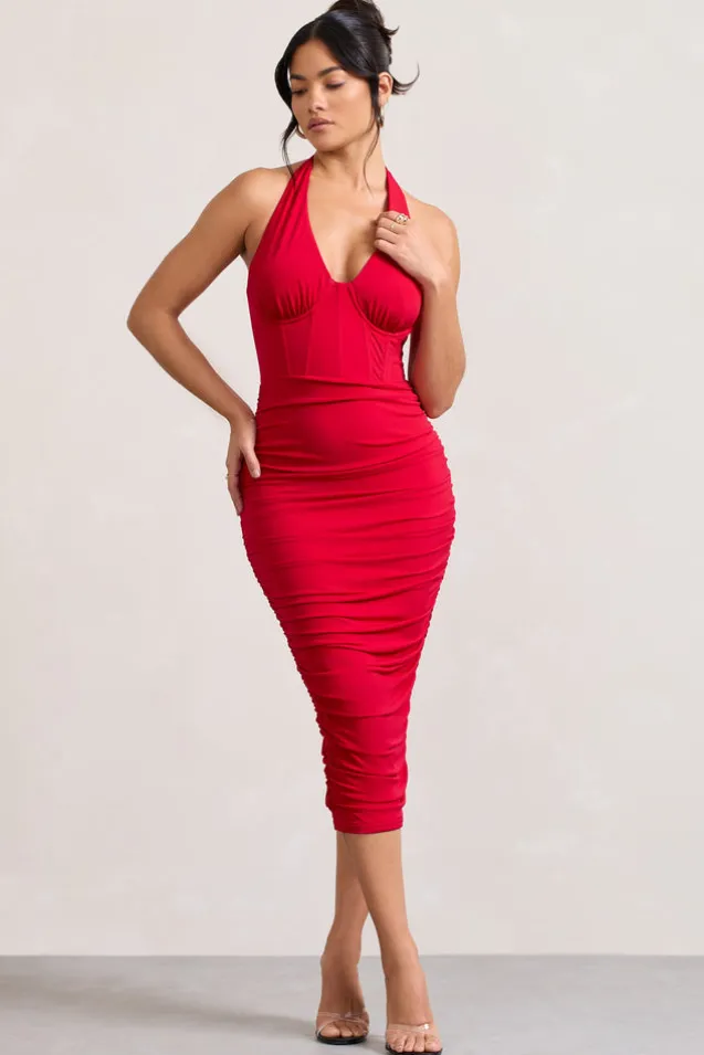Amy | Red Halter-Neck Corset Ruched Midi Dress