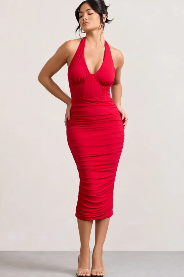 Amy | Red Halter-Neck Corset Ruched Midi Dress
