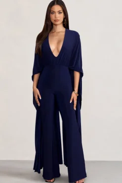 Anais | Navy Plunge Jumpsuit with Cape