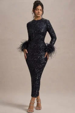 Analina | Navy Sequin Long-Sleeved Midi Dress With Feather Cuffs