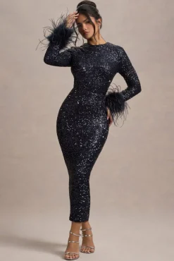Analina | Navy Sequin Long-Sleeved Midi Dress With Feather Cuffs