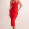 Anele | Red Lace Overlay Corset Midi Dress