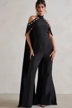 Angel | Black High Neck Jumpsuit with Cold Shoulder Cape Sleeves