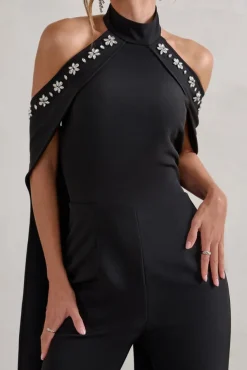 Angel | Black High Neck Jumpsuit with Cold Shoulder Cape Sleeves