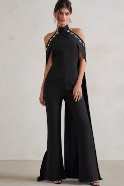 Angel | Black High Neck Jumpsuit with Cold Shoulder Cape Sleeves