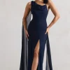 Angeline | Navy Chiffon Draped Split Maxi Dress With Corsages