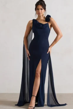 Angeline | Navy Chiffon Draped Split Maxi Dress With Corsages