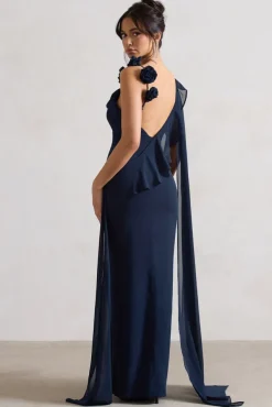 Angeline | Navy Chiffon Draped Split Maxi Dress With Corsages