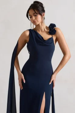 Angeline | Navy Chiffon Draped Split Maxi Dress With Corsages