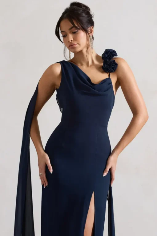 Angeline | Navy Chiffon Draped Split Maxi Dress With Corsages