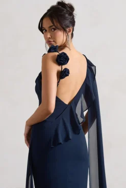 Angeline | Navy Chiffon Draped Split Maxi Dress With Corsages