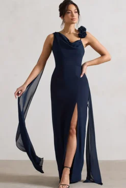 Angeline | Navy Chiffon Draped Split Maxi Dress With Corsages