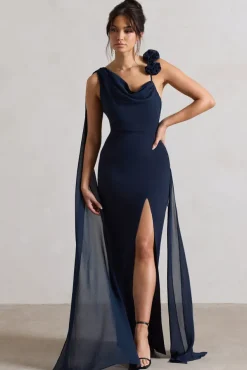 Angeline | Navy Chiffon Draped Split Maxi Dress With Corsages