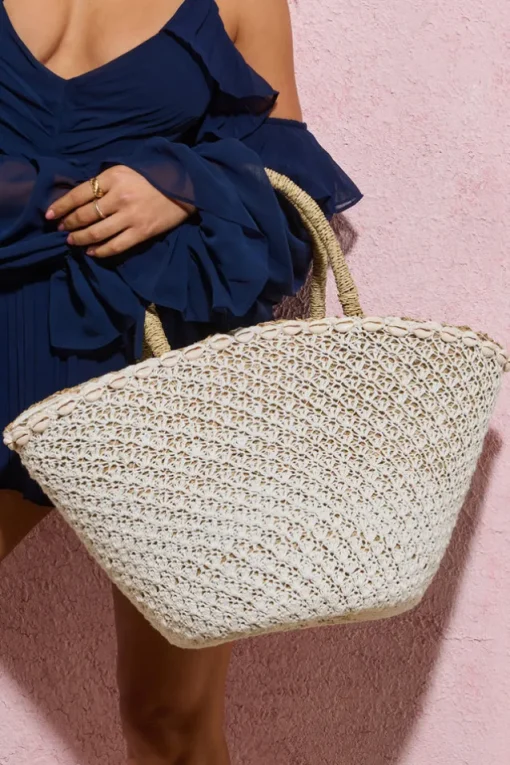 Anguilla | White Crochet Bucket Tote Bag With Shells