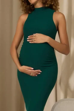 Anika | Bottle Green High-Neck Sleeveless Split Maternity Maxi Dress