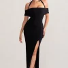 Anisa | Black Halter Neck Bardot Maxi Dress With Thigh Split