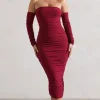 Anissa | Berry Ruched Bardot Midi Dress