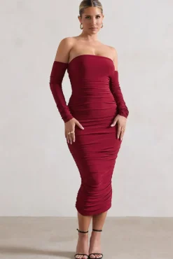 Anissa | Berry Ruched Bardot Midi Dress