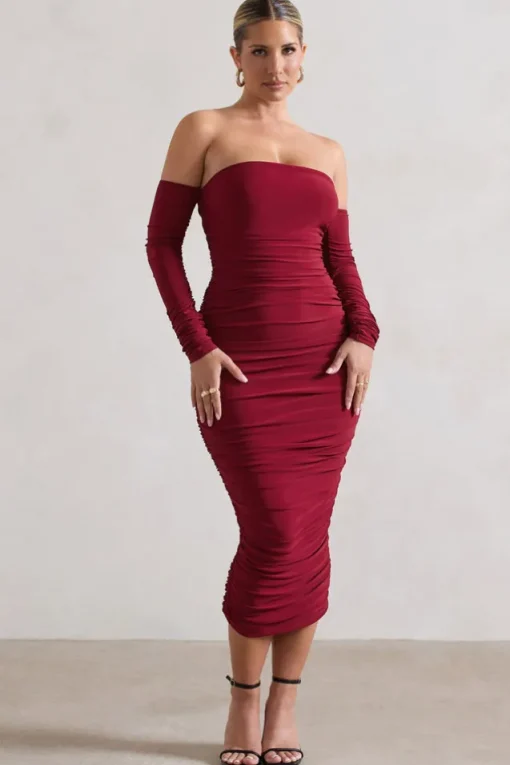 Anissa | Berry Ruched Bardot Midi Dress