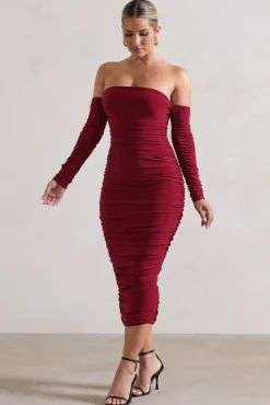 Anissa | Berry Ruched Bardot Midi Dress