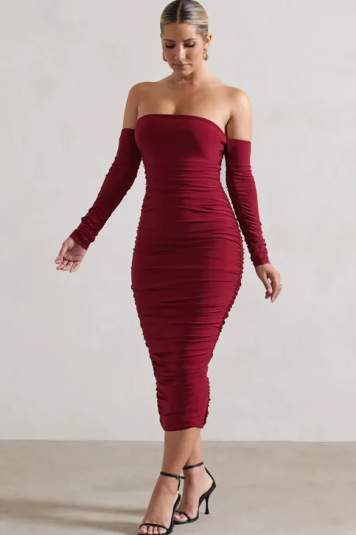 Anissa | Berry Ruched Bardot Midi Dress