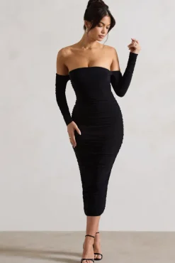 Anissa | Black Ruched Bardot Midi Dress