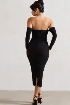 Anissa | Black Ruched Bardot Midi Dress