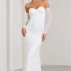 Aniyah | White Lace Bandeau Neckline Corset Fishtail Maxi Dress With Sheer Sleeves