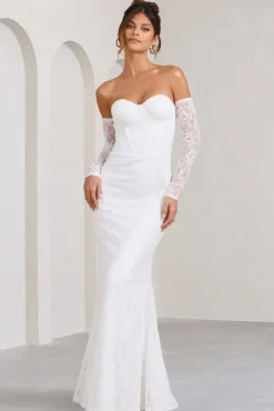 Aniyah | White Lace Bandeau Neckline Corset Fishtail Maxi Dress With Sheer Sleeves