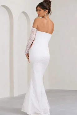 Aniyah | White Lace Bandeau Neckline Corset Fishtail Maxi Dress With Sheer Sleeves