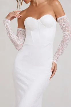 Aniyah | White Lace Bandeau Neckline Corset Fishtail Maxi Dress With Sheer Sleeves