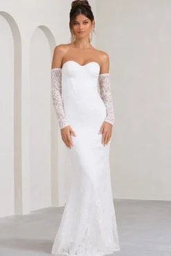 Aniyah | White Lace Bandeau Neckline Corset Fishtail Maxi Dress With Sheer Sleeves