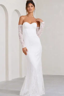 Aniyah | White Lace Bandeau Neckline Corset Fishtail Maxi Dress With Sheer Sleeves