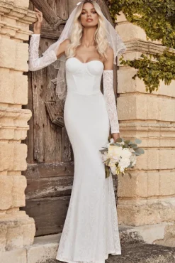 Aniyah | White Lace Bandeau Neckline Corset Fishtail Maxi Dress With Sheer Sleeves