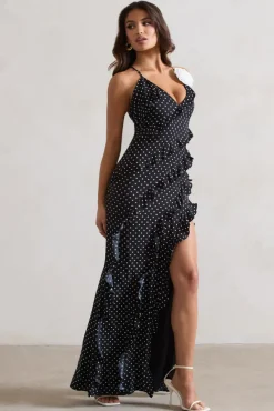 Annabelle | Black Polka Dot Ruffled Maxi Dress With Corsage