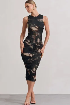 Antonia | Brown Print Sleeveless Ruched Bodycon Midi Dress