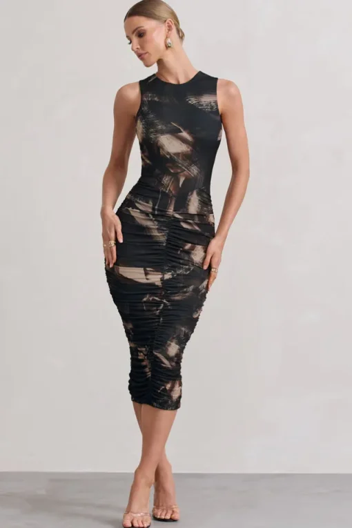 Antonia | Brown Print Sleeveless Ruched Bodycon Midi Dress